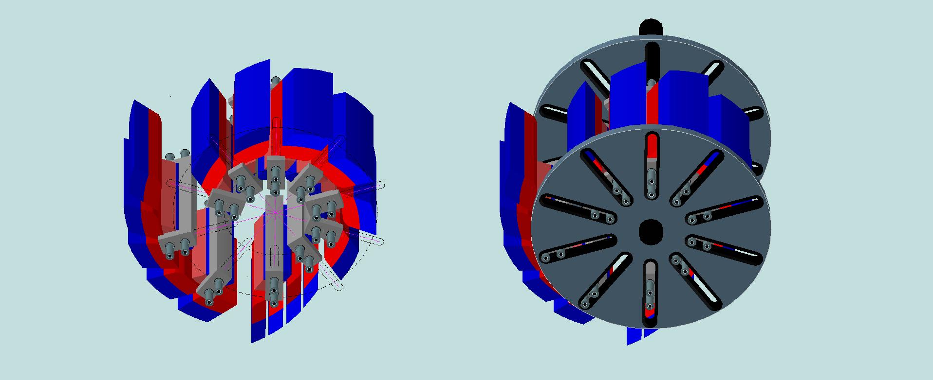 Three-dimensional images of the motor rotor surrounded by the stationary magnets.