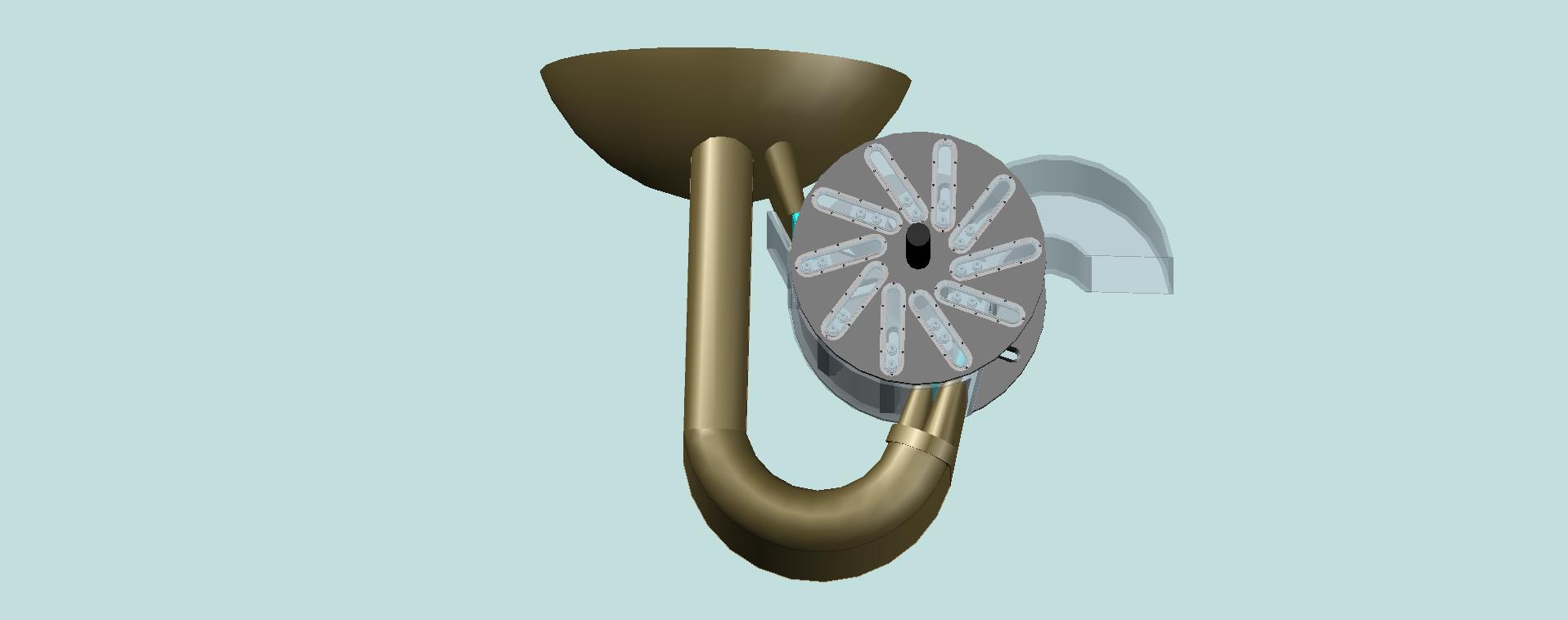 The exterior view of the variant turbine rotor equipped by movable blades, which are under the influence of water falling from a height through three nozzles.