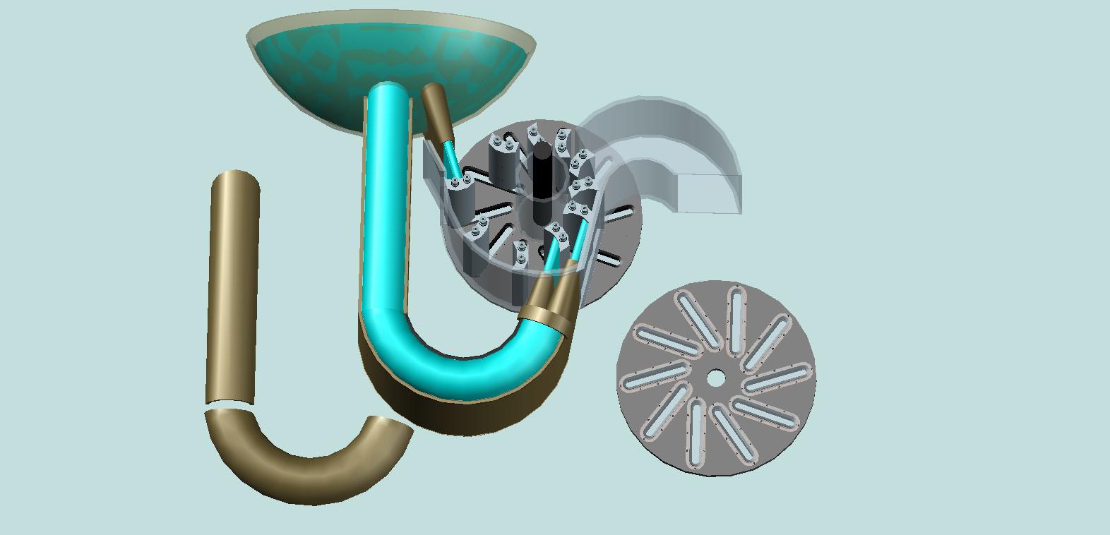 The appearance of this variant of the rotor without front disk and the upper parts of the tube, which feeds water through the lower nozzles