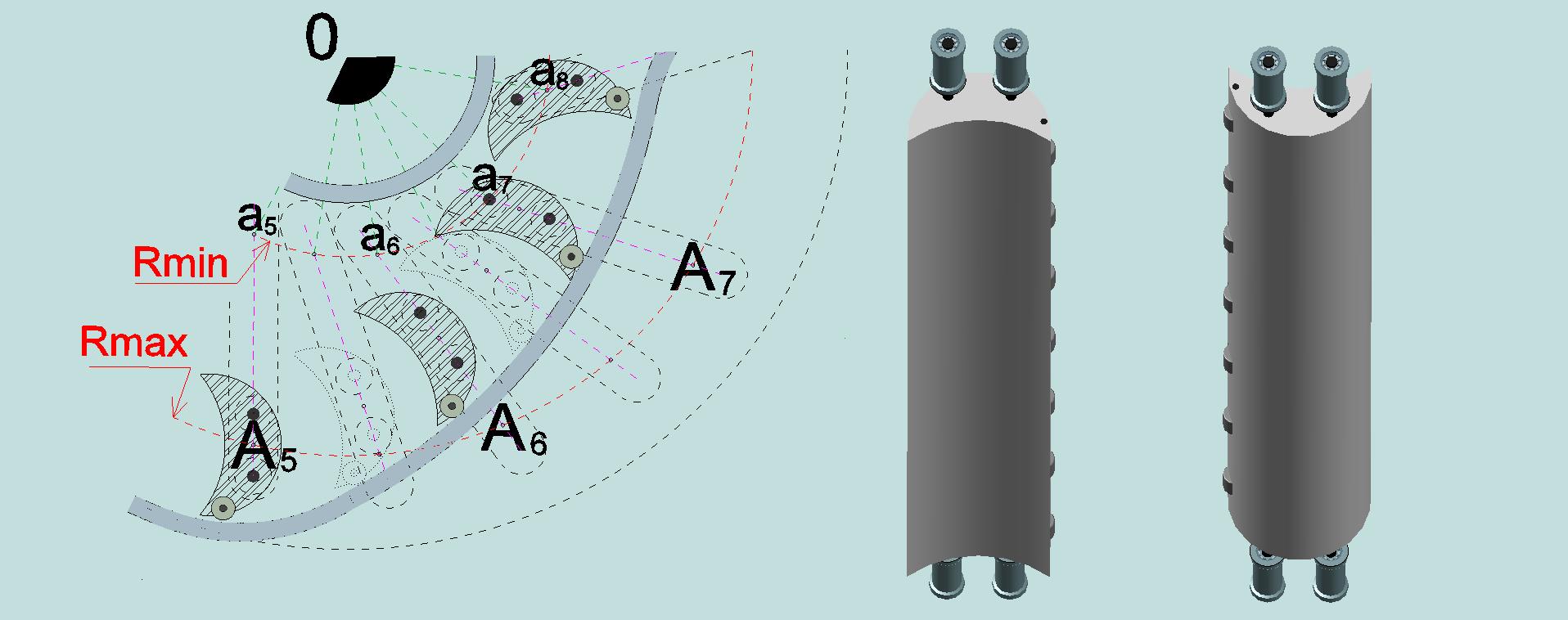 The cross section of the rotor in sector A6 - O - A8, and movable blade, with side wheels, in two views.