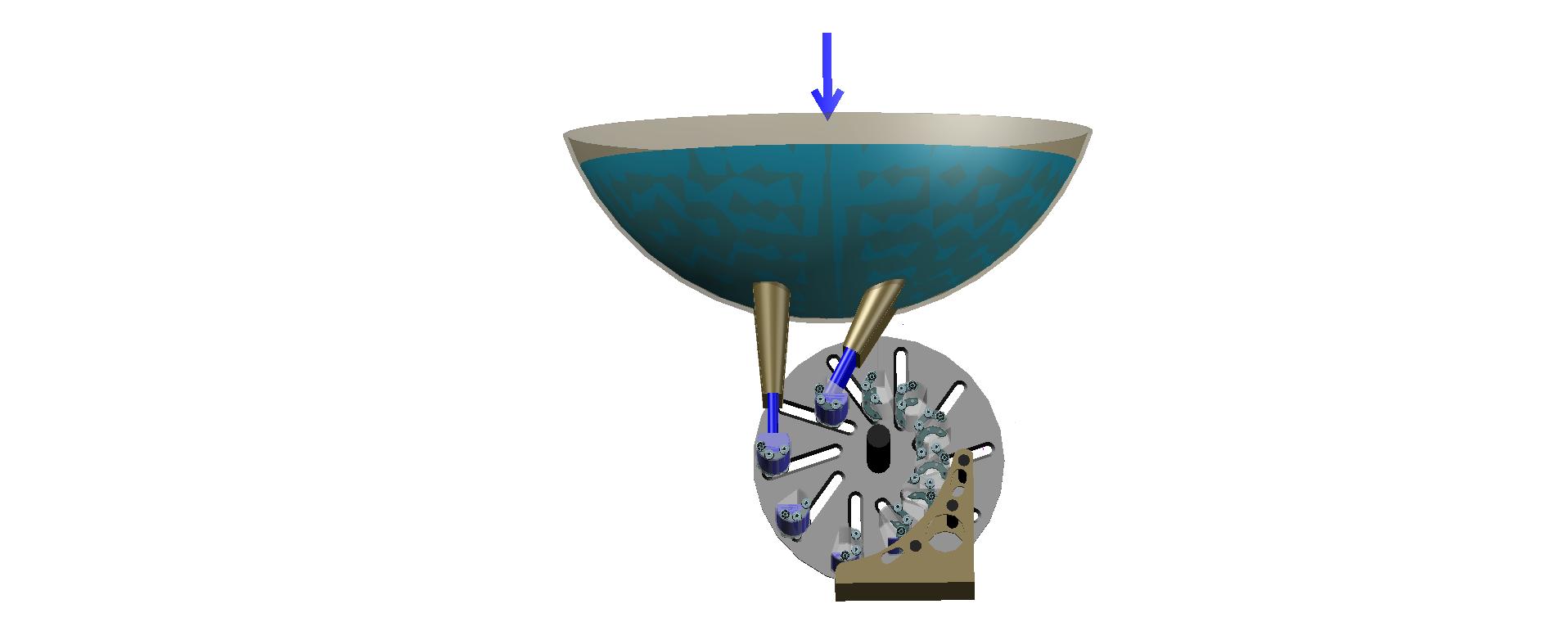 The appearance variant of design motor rotor (without the front disk), equipped by hollow movable blades, which is under the impact of the water pressure coming from the two nozzles.