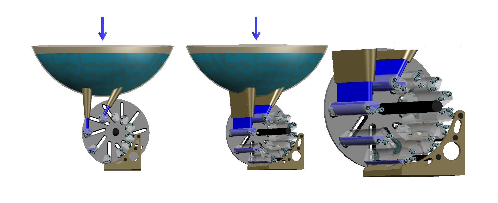 The appearance variant of design motor rotor (shown in three foreshortenings, but without the front disk), equipped by hollow movable blades, which is under the impact of the water pressure coming from the two nozzles.