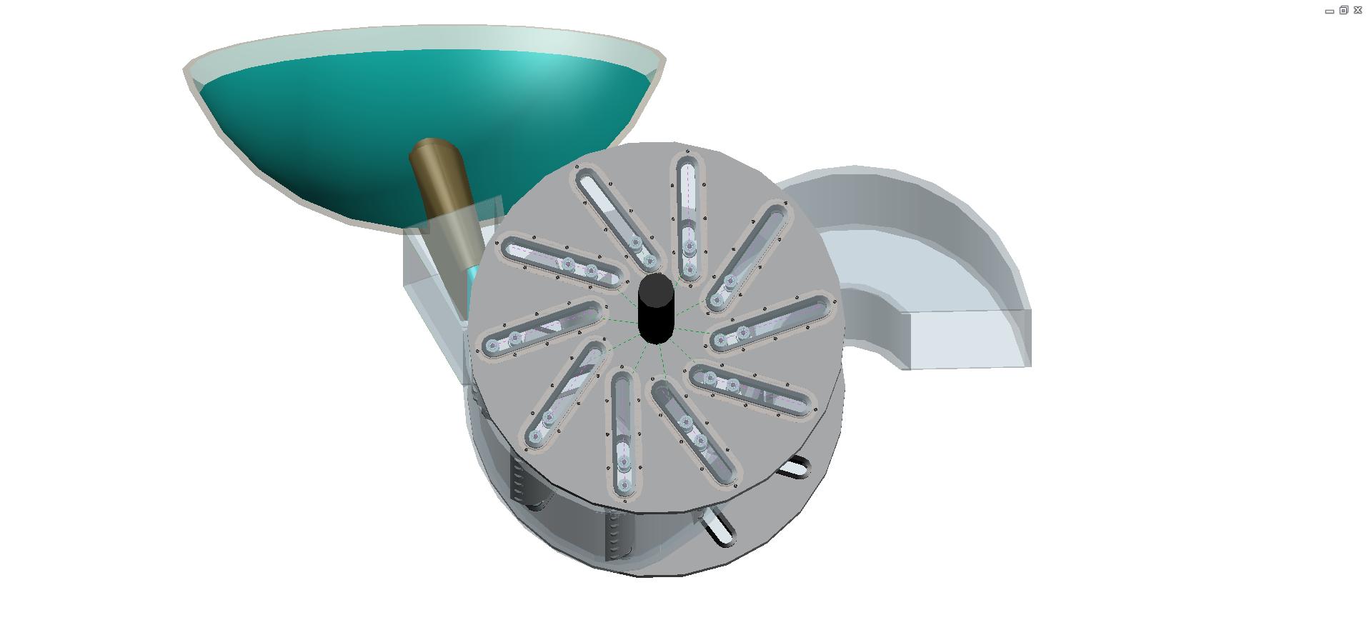 The exterior view of the variant turbine rotor equipped by movable blades, in which water pressure effect is realized by only one nozzle.