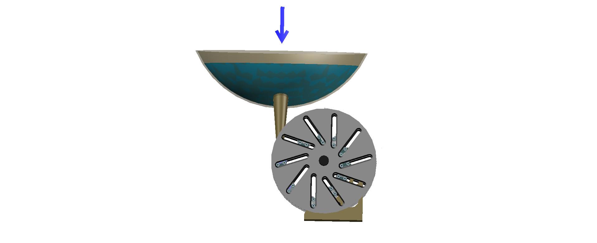 The exterior view of embodiment of the turbine rotor equipped by hollow movable blades, which is under the impact of the water pressure coming from only one nozzle.